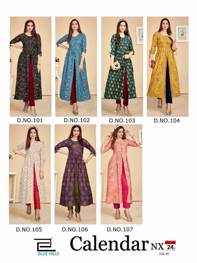 Blue Hills Calender 5 Nx Rayon Ethnic Wear Desinger Long Printed Kurti Collection